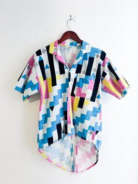 VINTAGE Authentic 80's Memphis Style BEACHMASTER Gemoetric Print Button Up